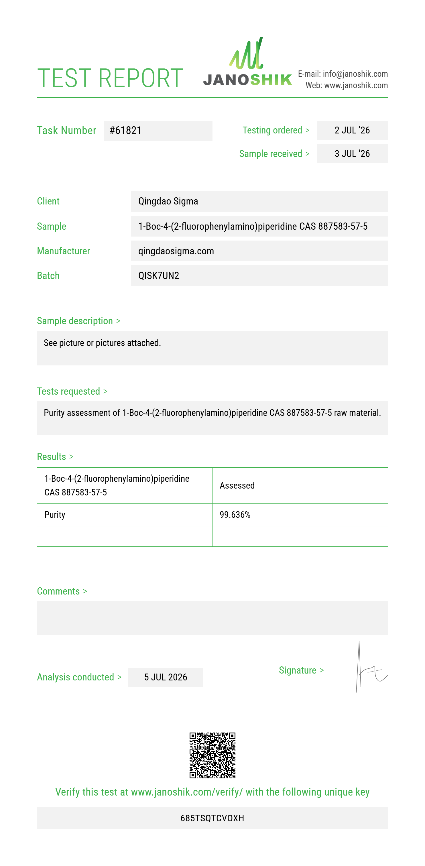 1-Boc-4-(2-fluorophenylamino)piperidine CAS 887583-57-5 Purity (HPLC) report by Janoshik Analytical
