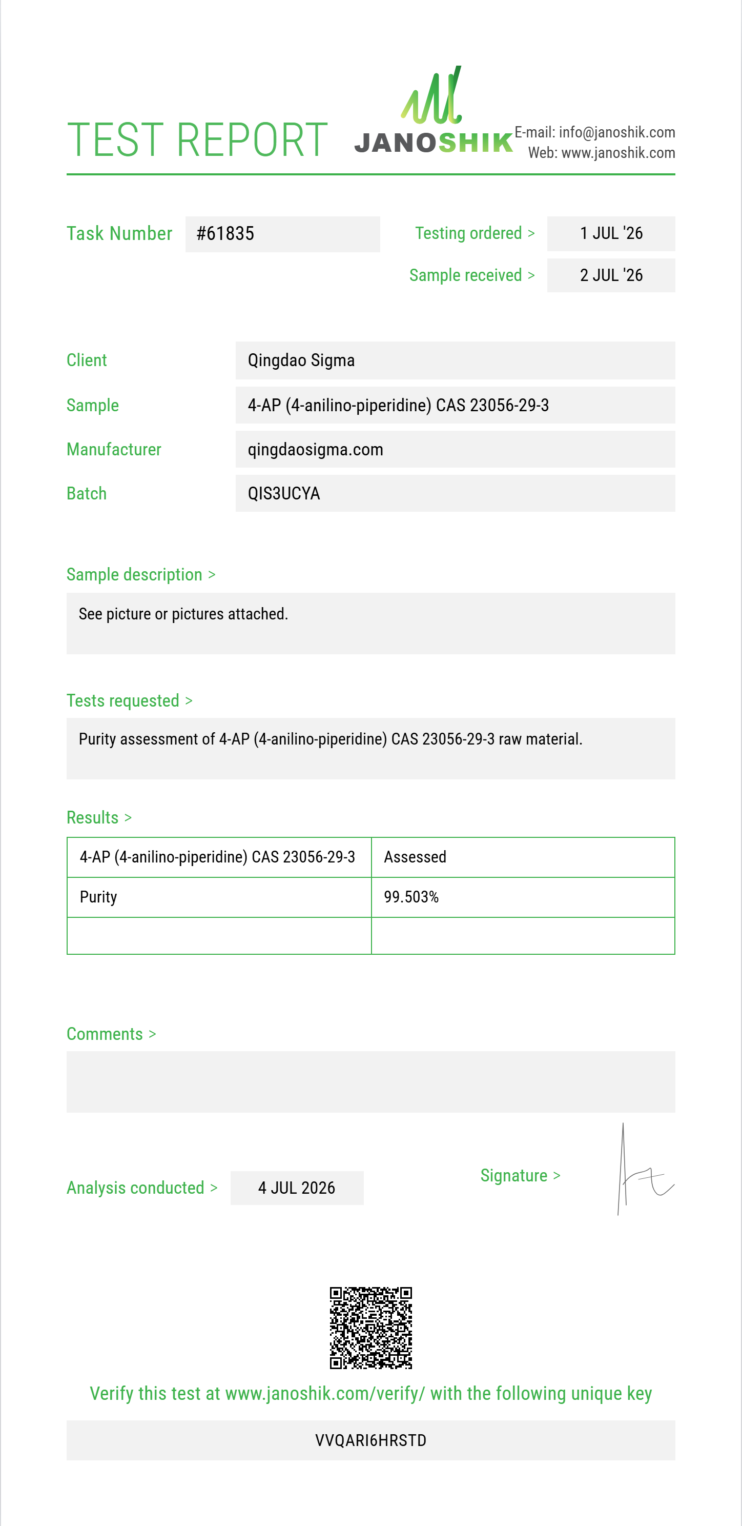 4-AP (4-anilino-piperidine / N-phenyl-4-piperidinamine) CAS 23056-29-3 Purity (HPLC) report by Janoshik Analytical