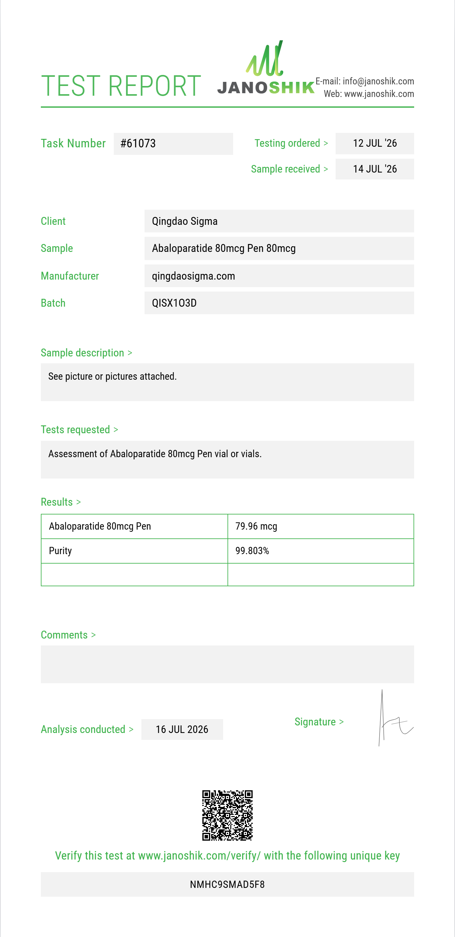 Abaloparatide Purity (HPLC) report by Janoshik Analytical