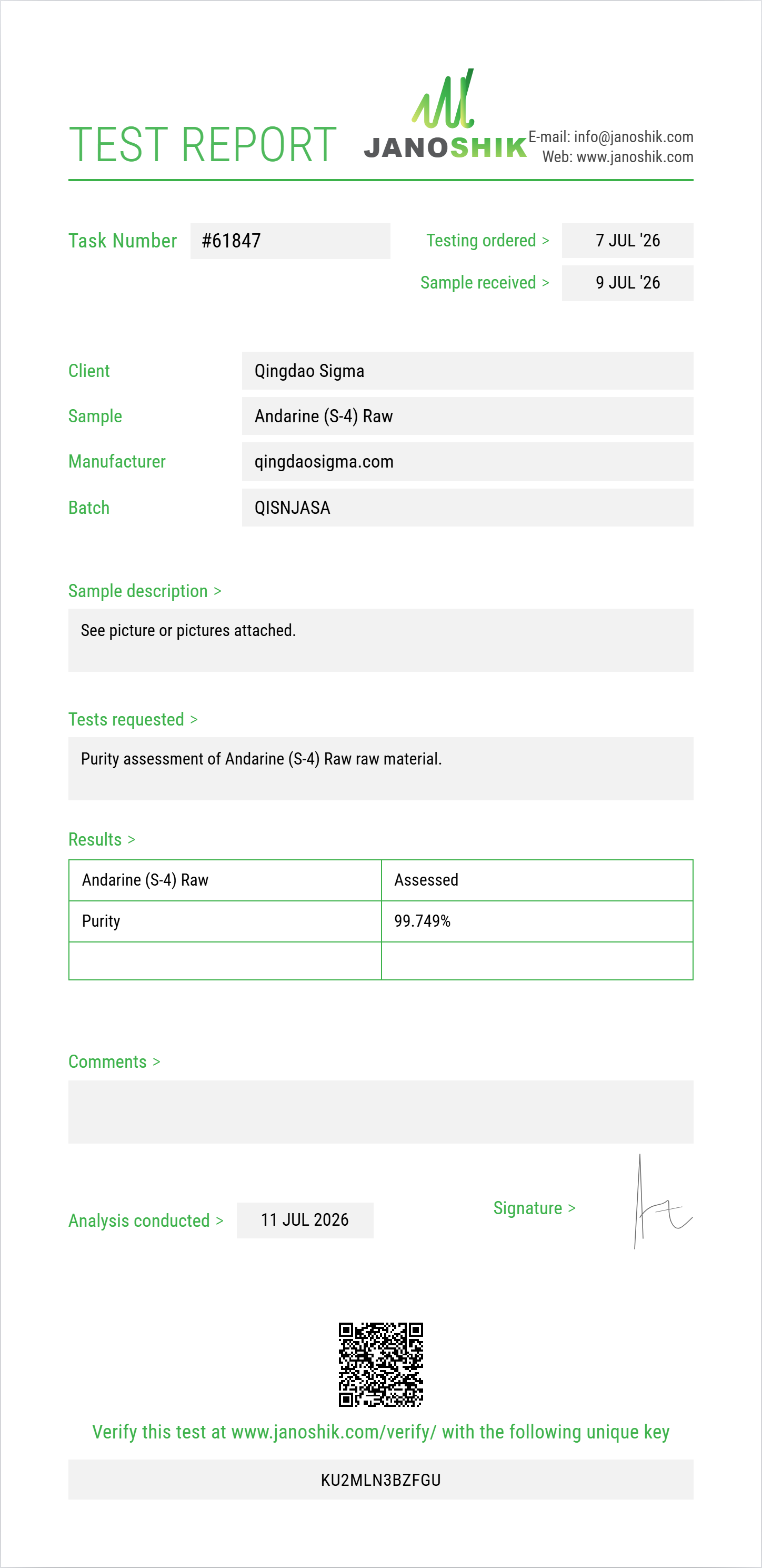 Andarine (S-4) Raw Purity (HPLC) report by Janoshik Analytical
