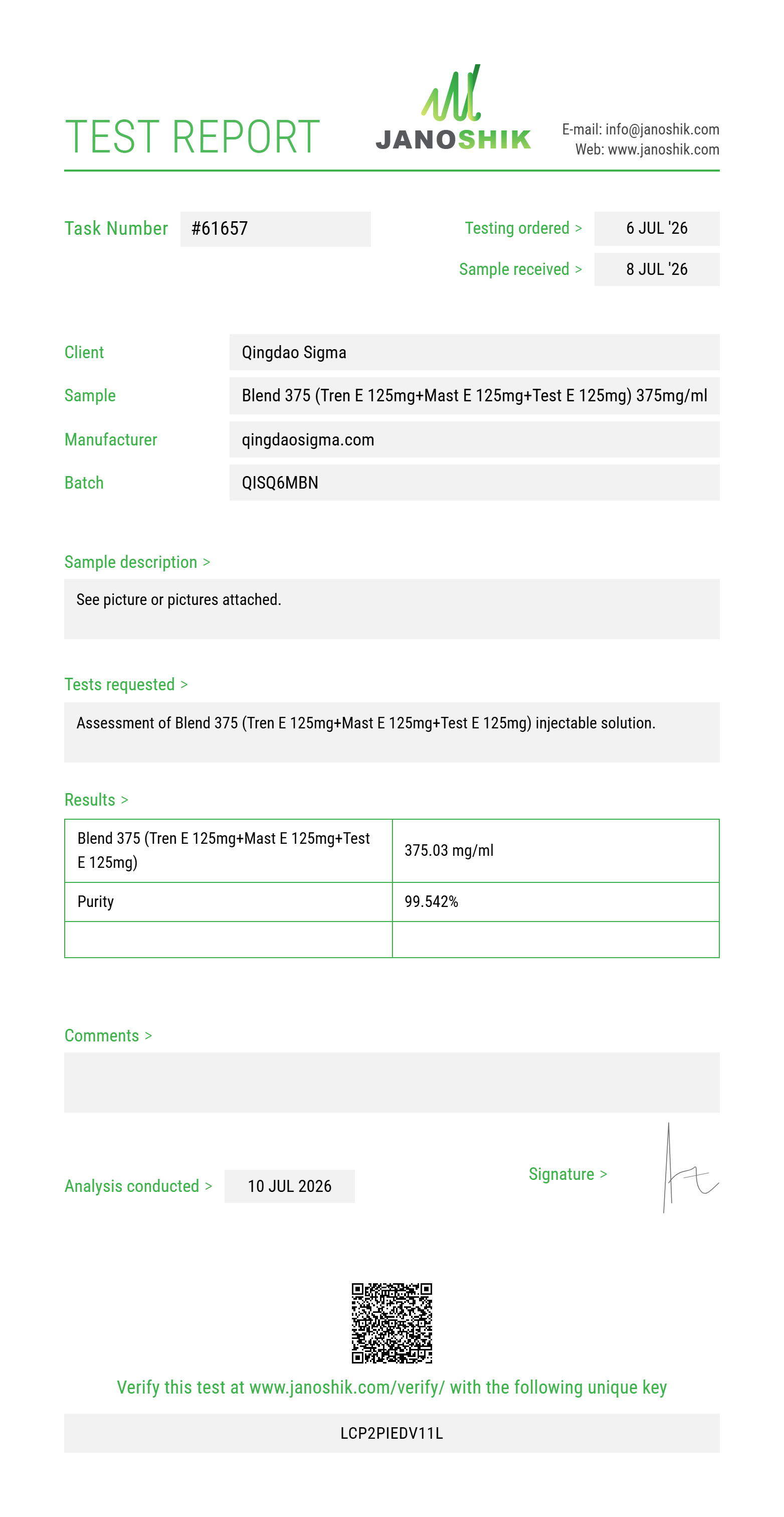Blend 375 (Tren E 125mg+Mast E 125mg+Test E 125mg) Purity (HPLC) report by Janoshik Analytical