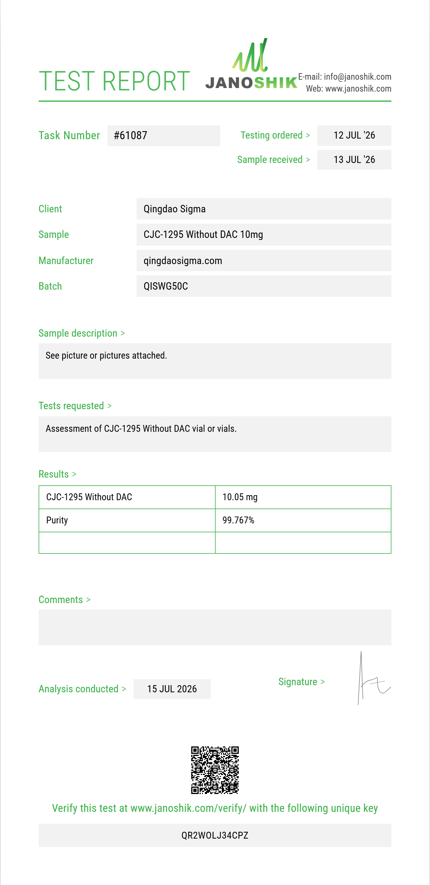 CJC-1295 Without DAC Purity (HPLC) report by Janoshik Analytical