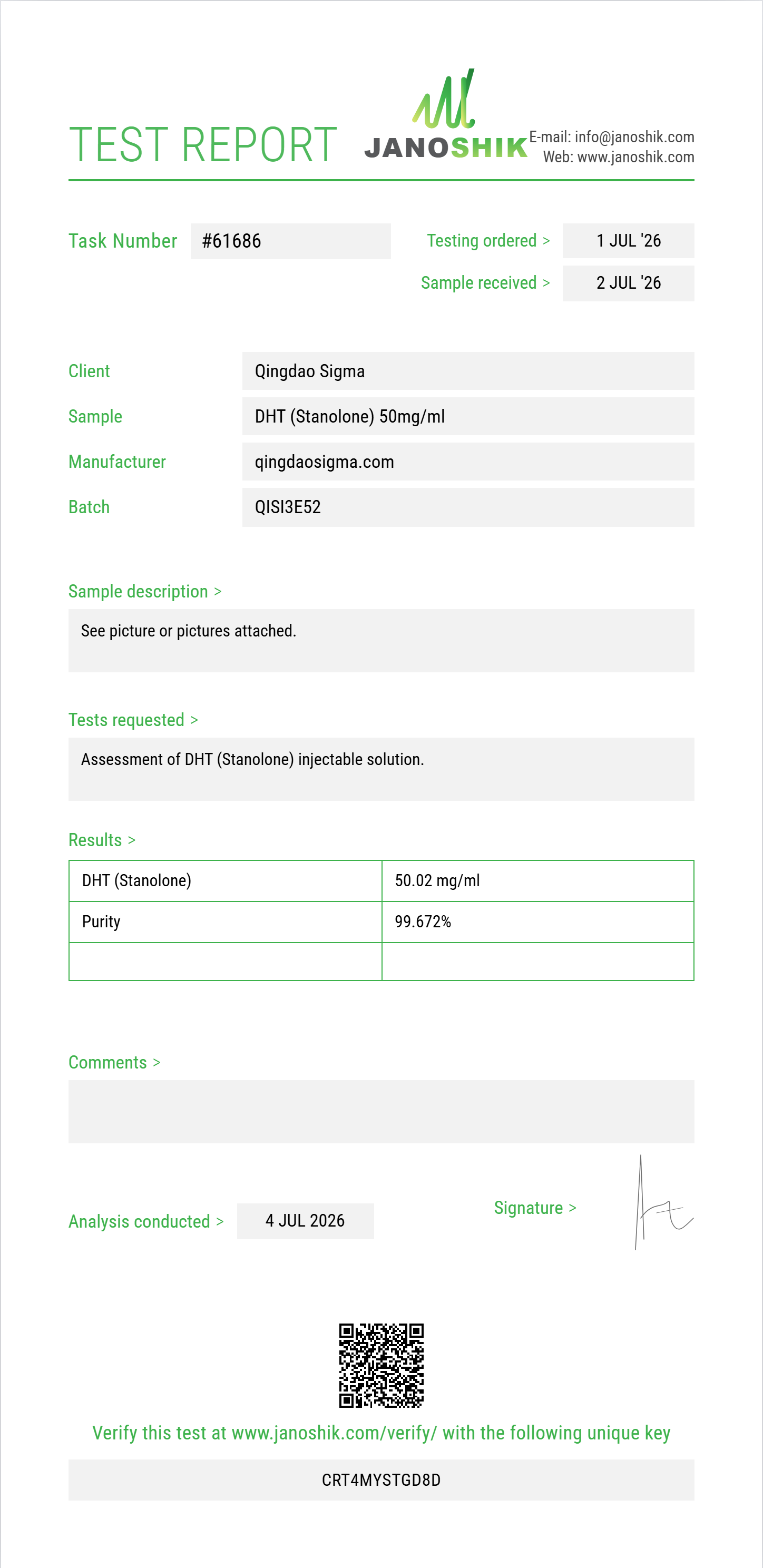DHT (Stanolone) Purity (HPLC) report by Janoshik Analytical