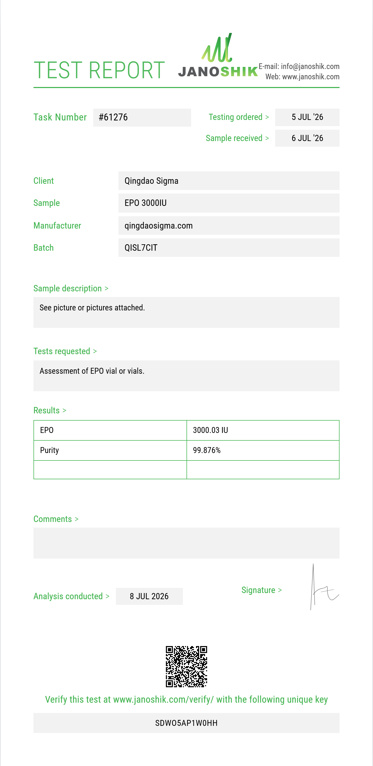 EPO Purity (HPLC) report by Janoshik Analytical