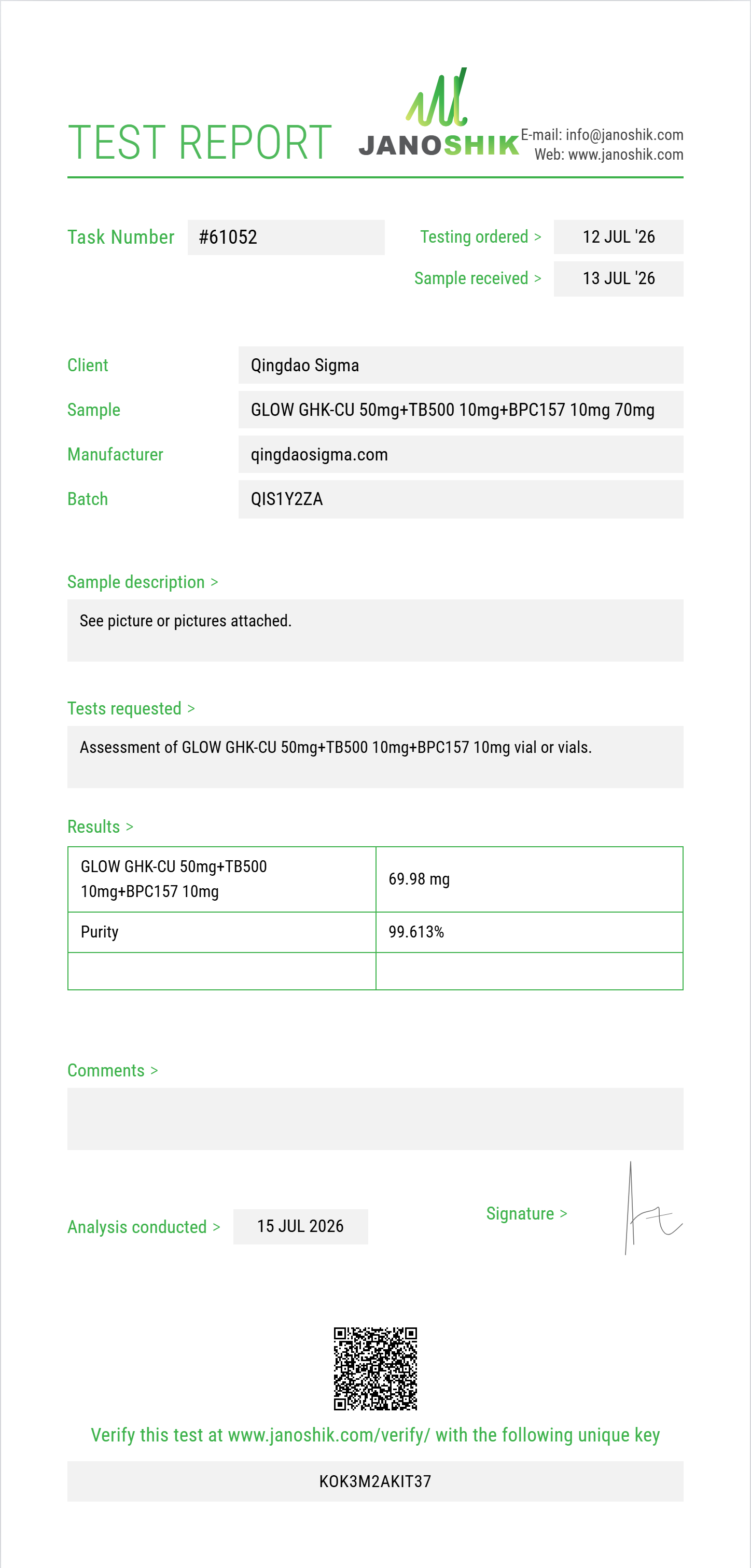 GLOW GHK-CU 50mg+TB500 10mg+BPC157 10mg Purity (HPLC) report by Janoshik Analytical