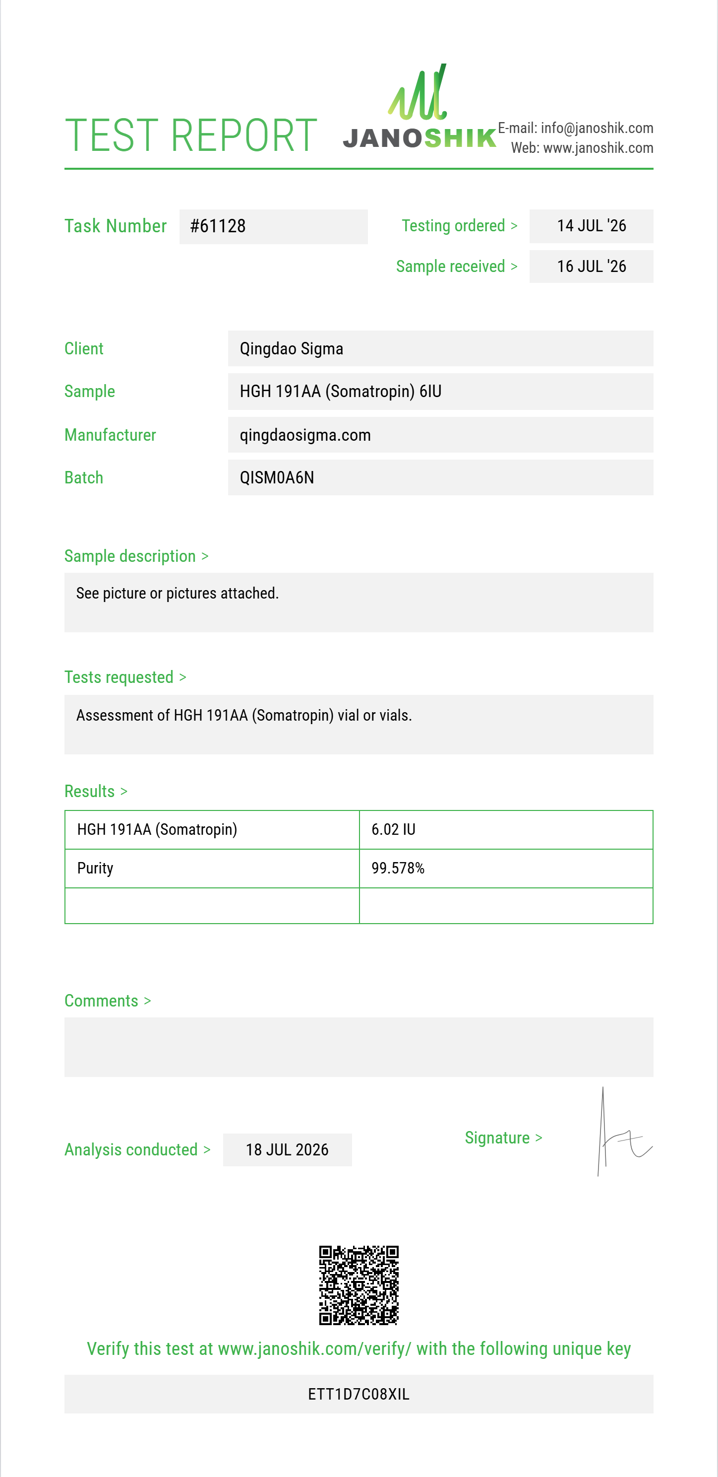 HGH 191AA (Somatropin) Purity (HPLC) report by Janoshik Analytical