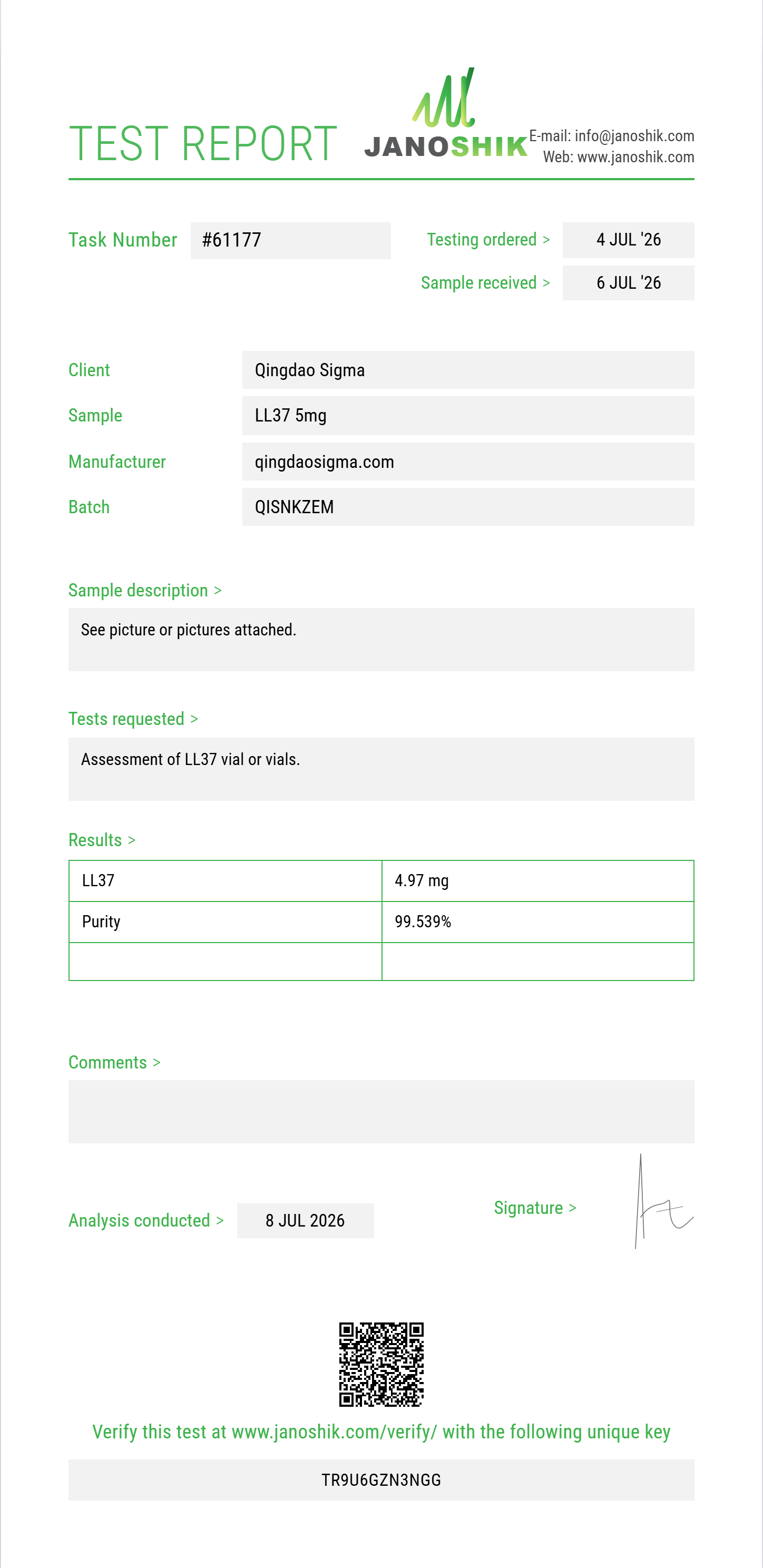 LL37 Purity (HPLC) report by Janoshik Analytical