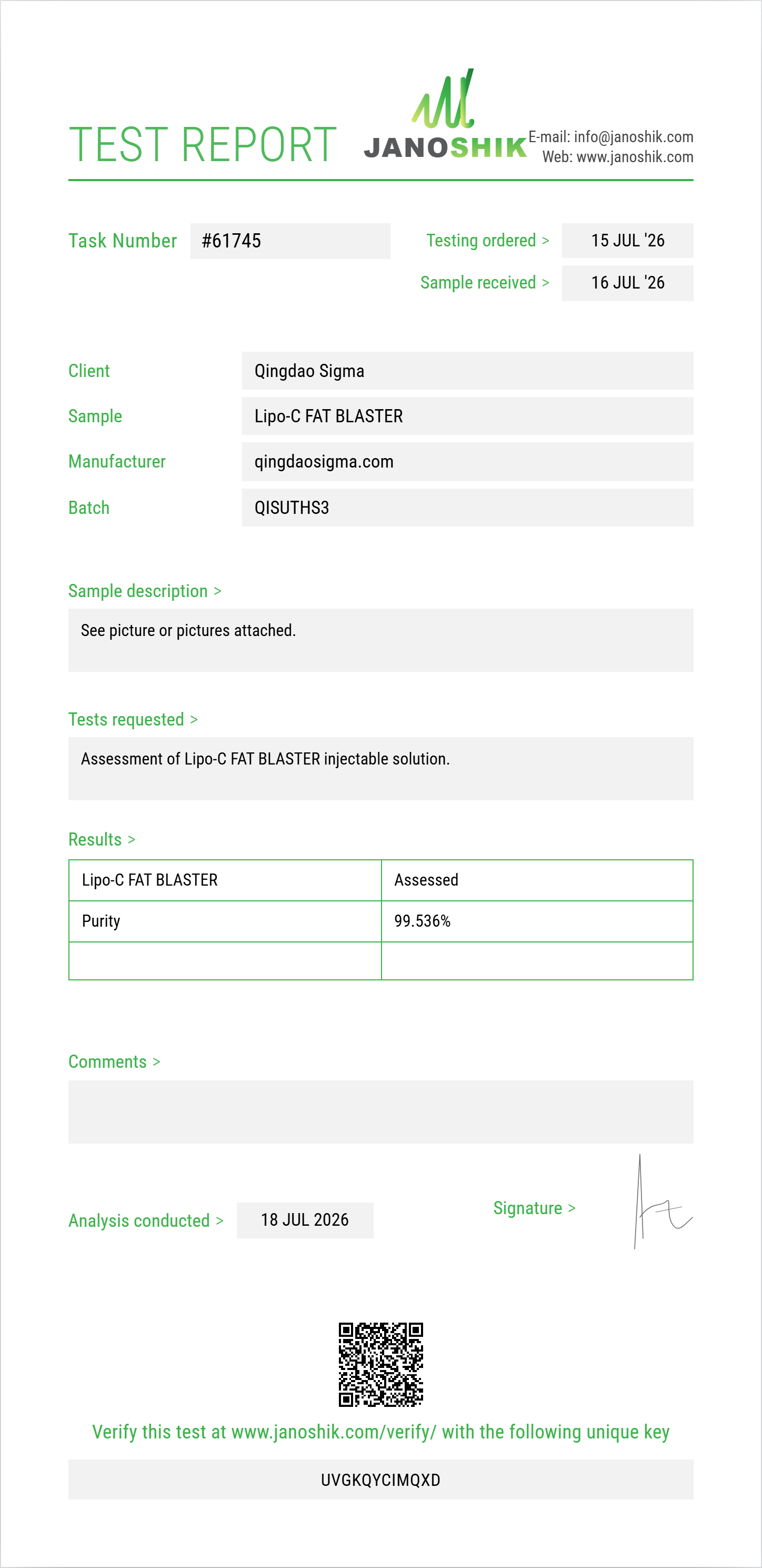Lipo-C FAT BLASTER Purity (HPLC) report by Janoshik Analytical