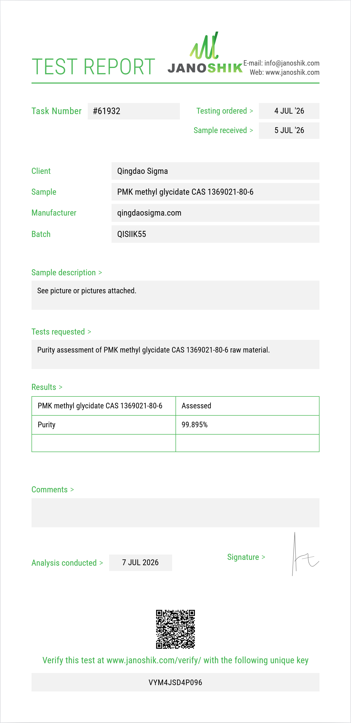 PMK methyl glycidate CAS 1369021-80-6 Purity (HPLC) report by Janoshik Analytical