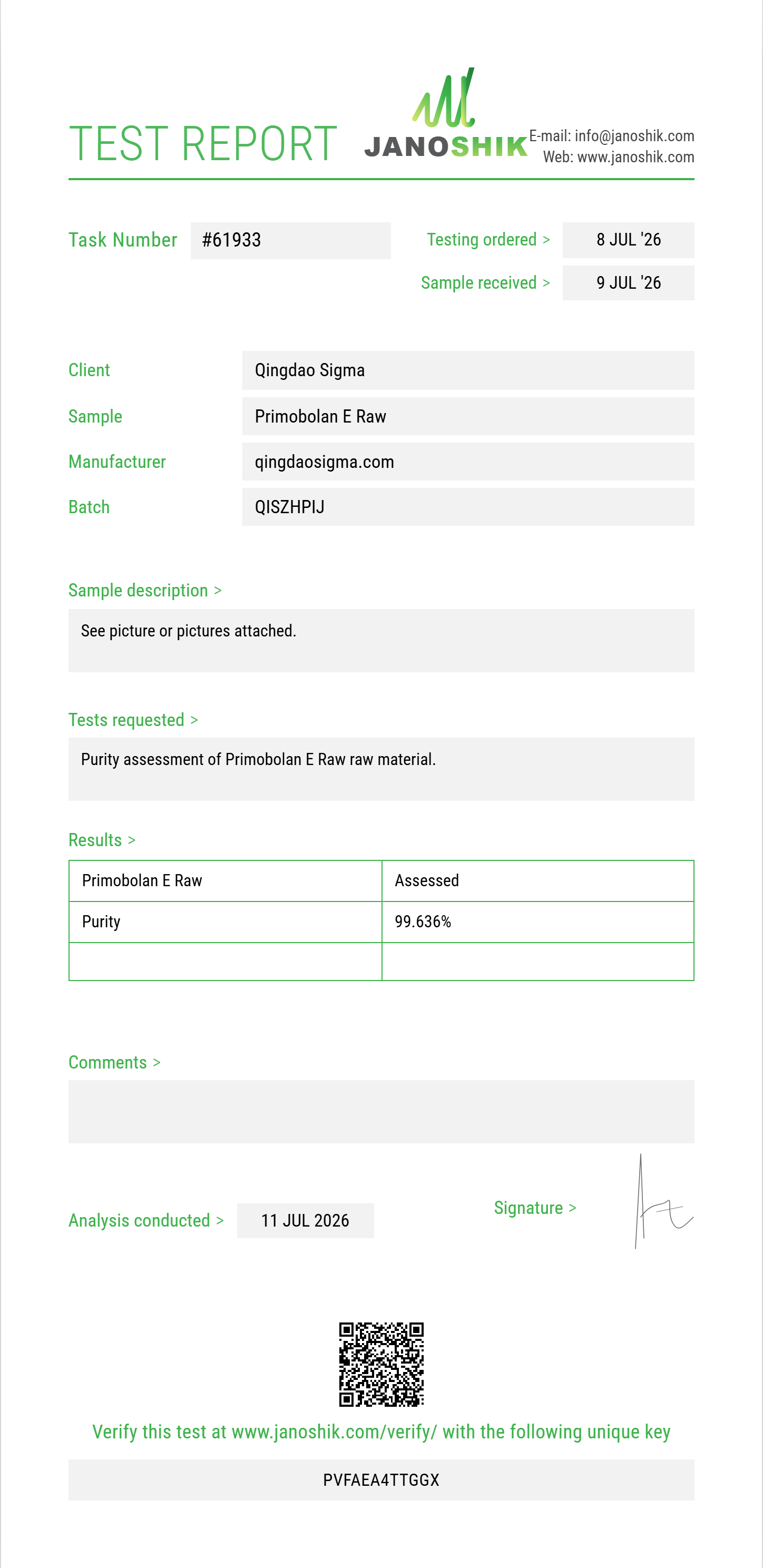 Primobolan E Raw Purity (HPLC) report by Janoshik Analytical
