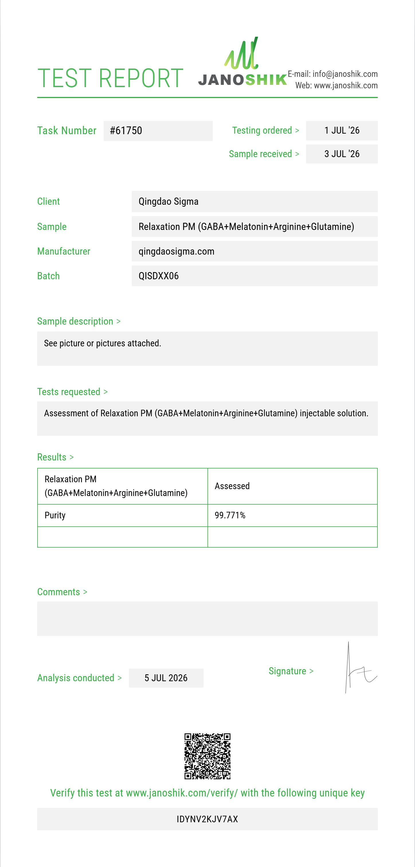 Relaxation PM (GABA 100mg+Melatonin 1mg+Arginine 100mg+Glutamine 25mg) Purity (HPLC) report by Janoshik Analytical