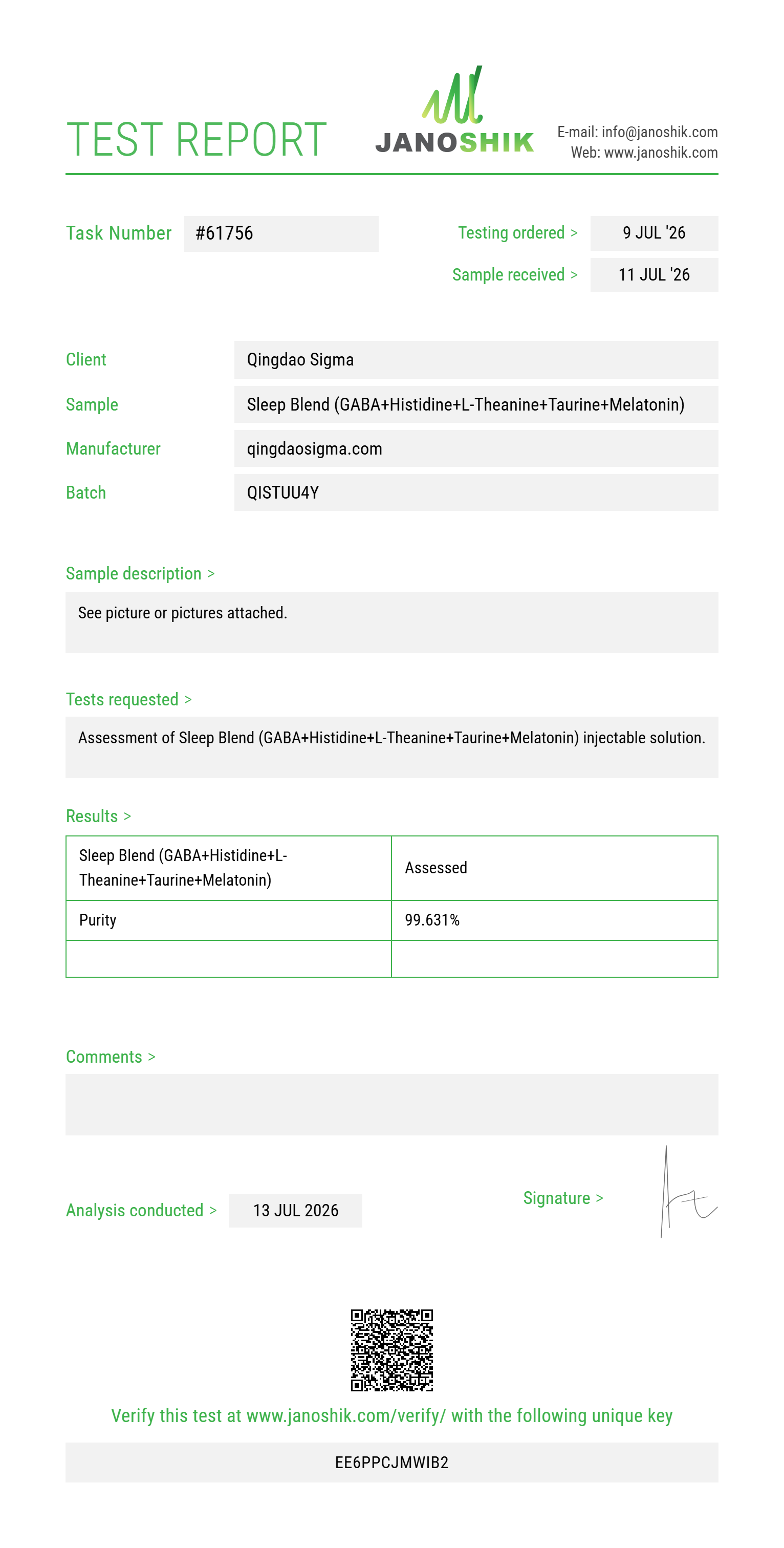 Sleep Blend (GABA 100mg+Histidine 100mg+L-Theanine 50mg+Taurine 100mg+Melatonin 2mg) Purity (HPLC) report by Janoshik Analytical