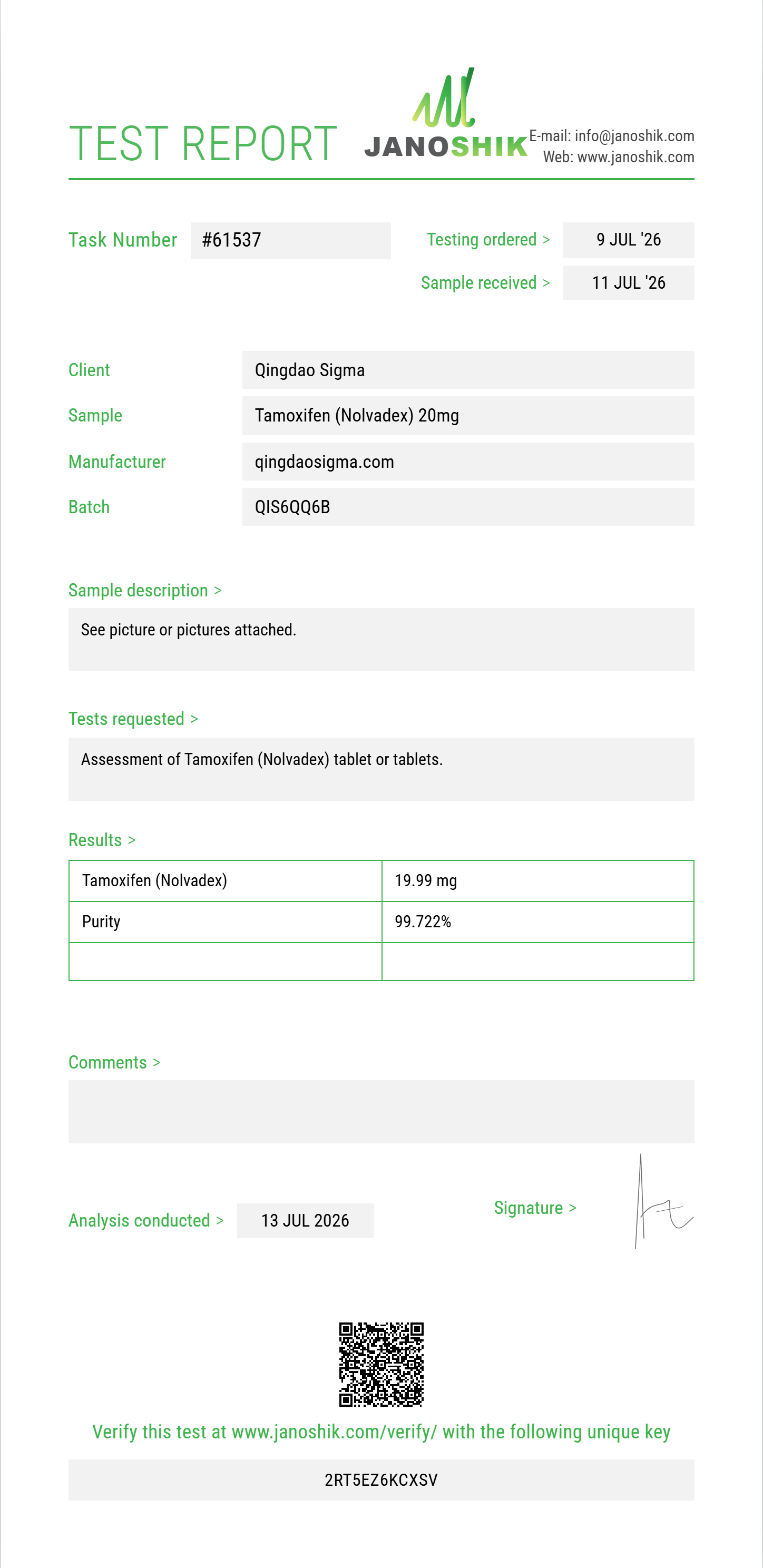 Tamoxifen (Nolvadex) Purity (HPLC) report by Janoshik Analytical