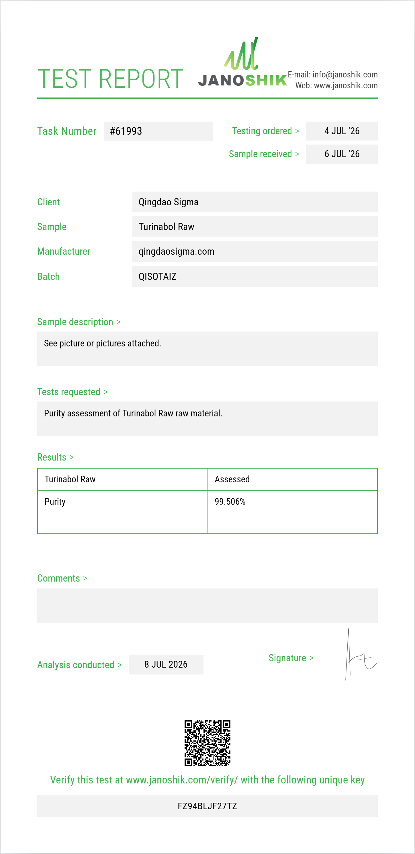 Turinabol Raw Purity (HPLC) report by Janoshik Analytical