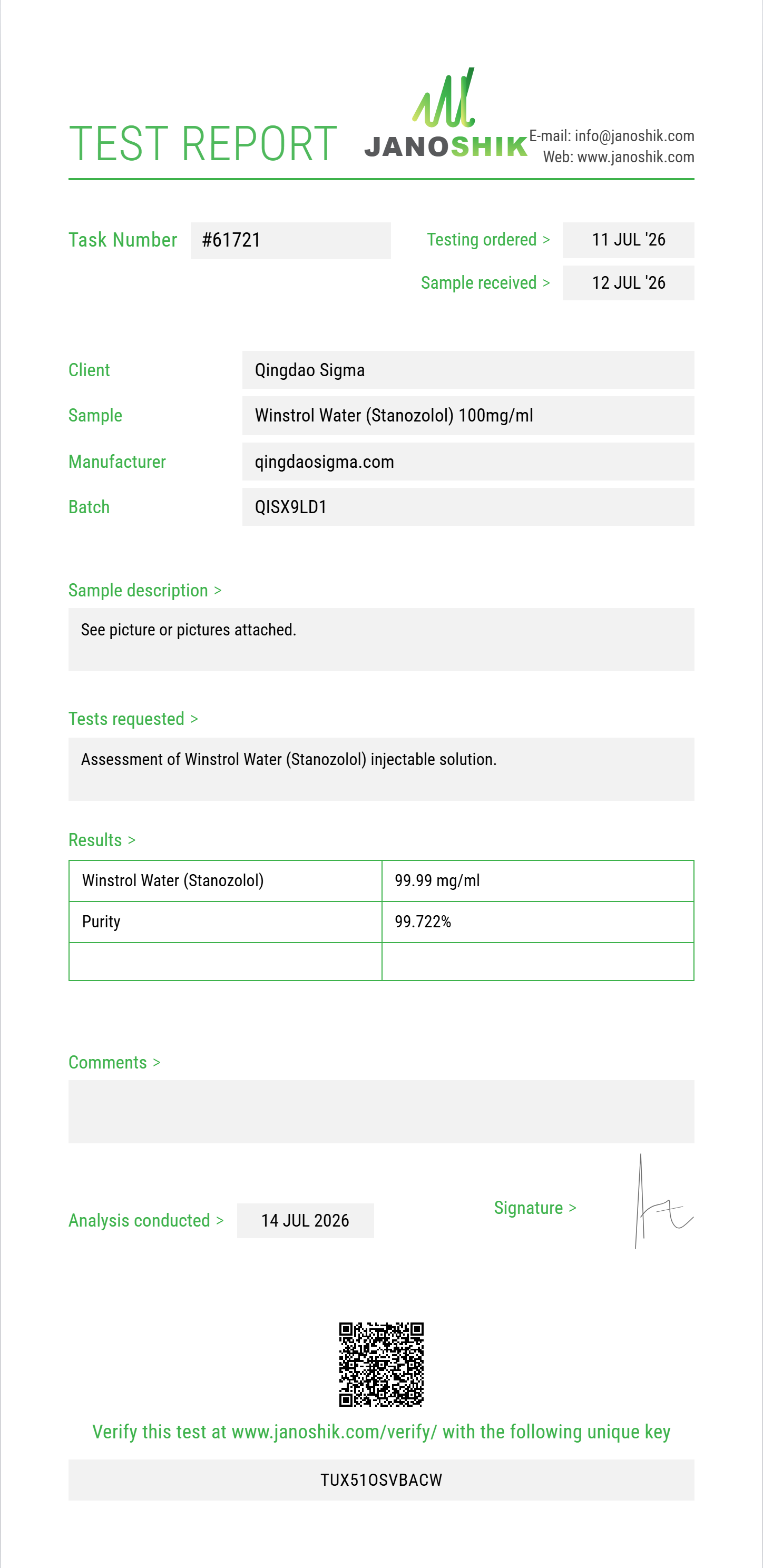 Winstrol Water (Stanozolol) Purity (HPLC) report by Janoshik Analytical