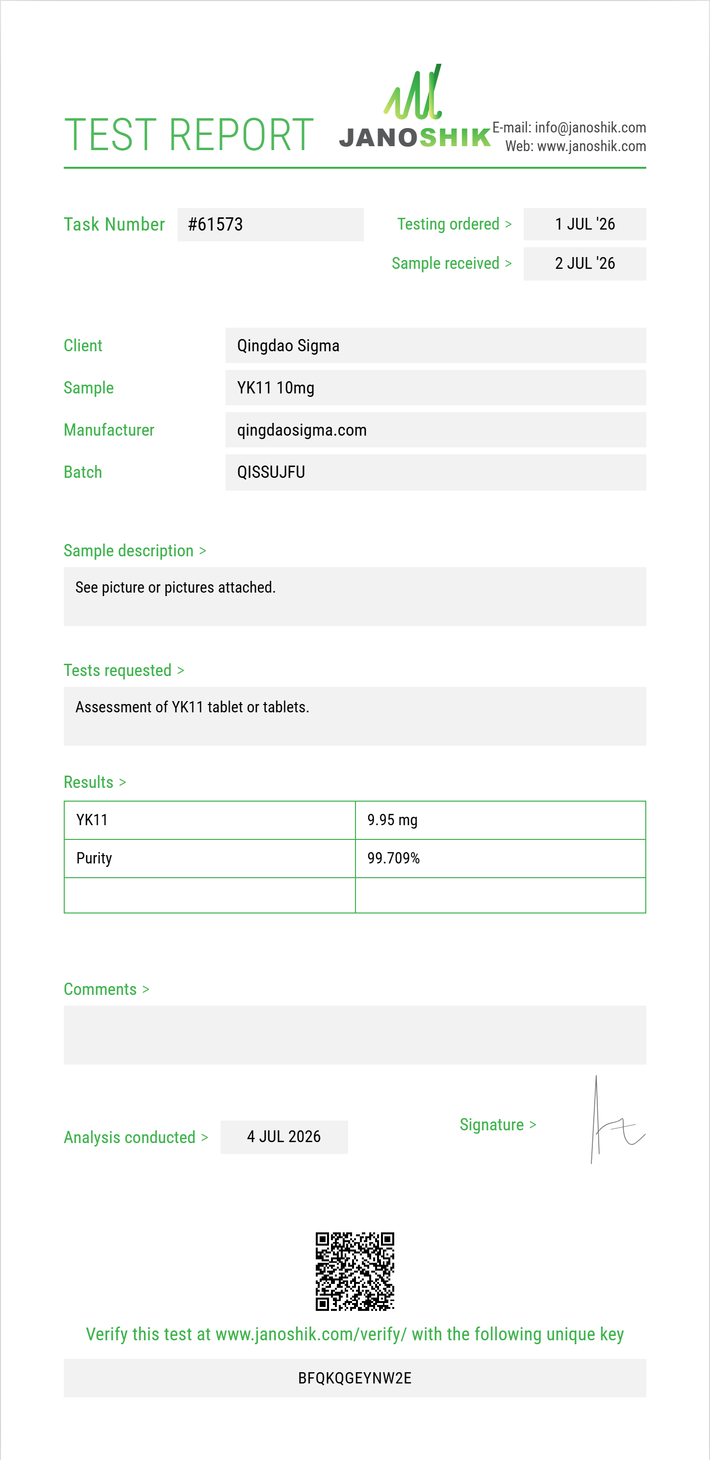 YK11 Purity (HPLC) report by Janoshik Analytical