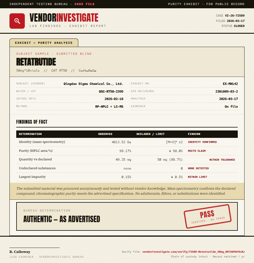 Retatrutide Purity (HPLC) report by VendorInvestigate