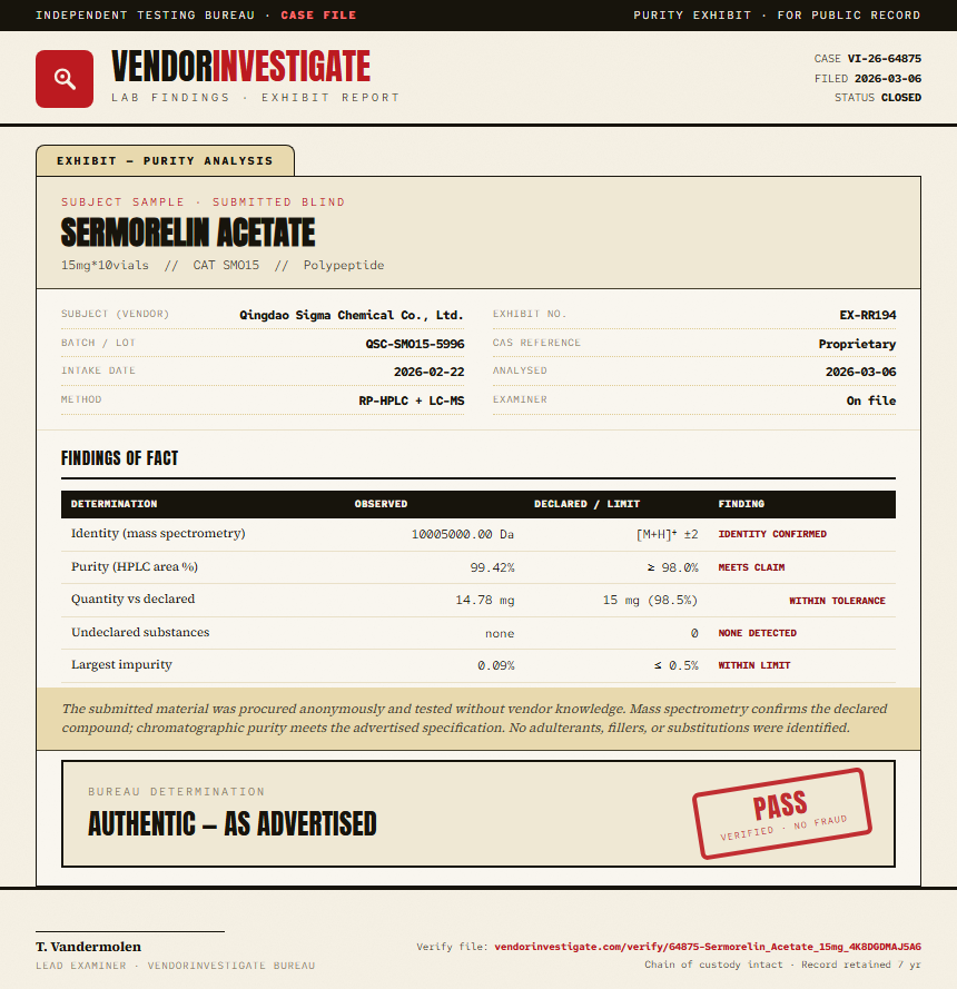 Sermorelin Acetate Purity (HPLC) report by VendorInvestigate