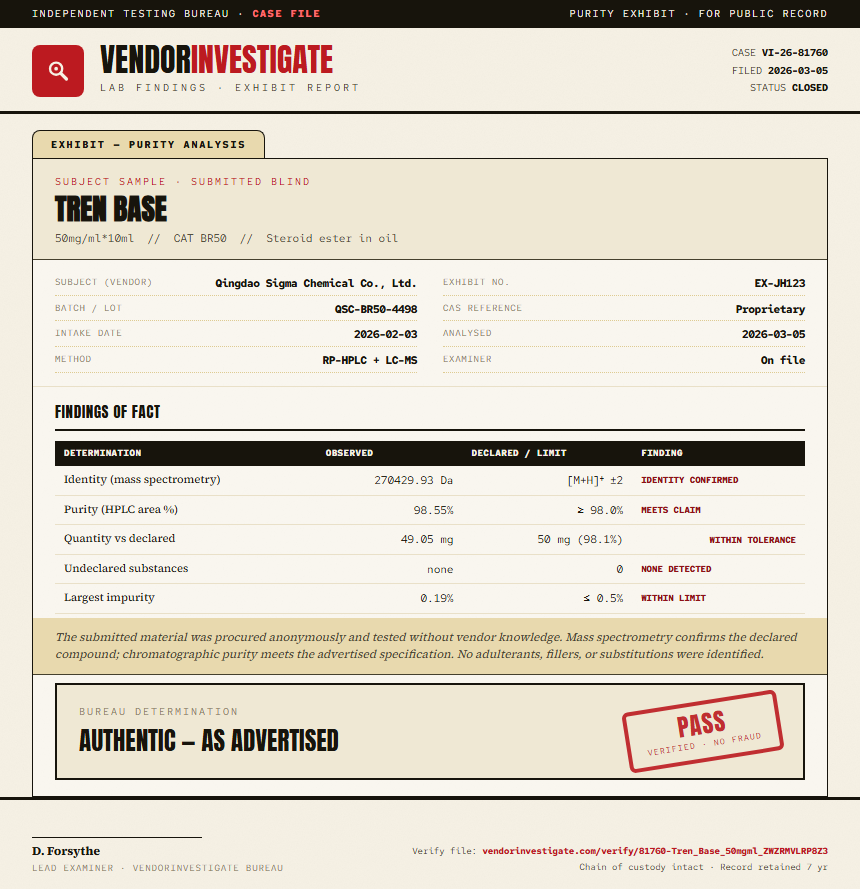 Tren Base Purity (HPLC) report by VendorInvestigate